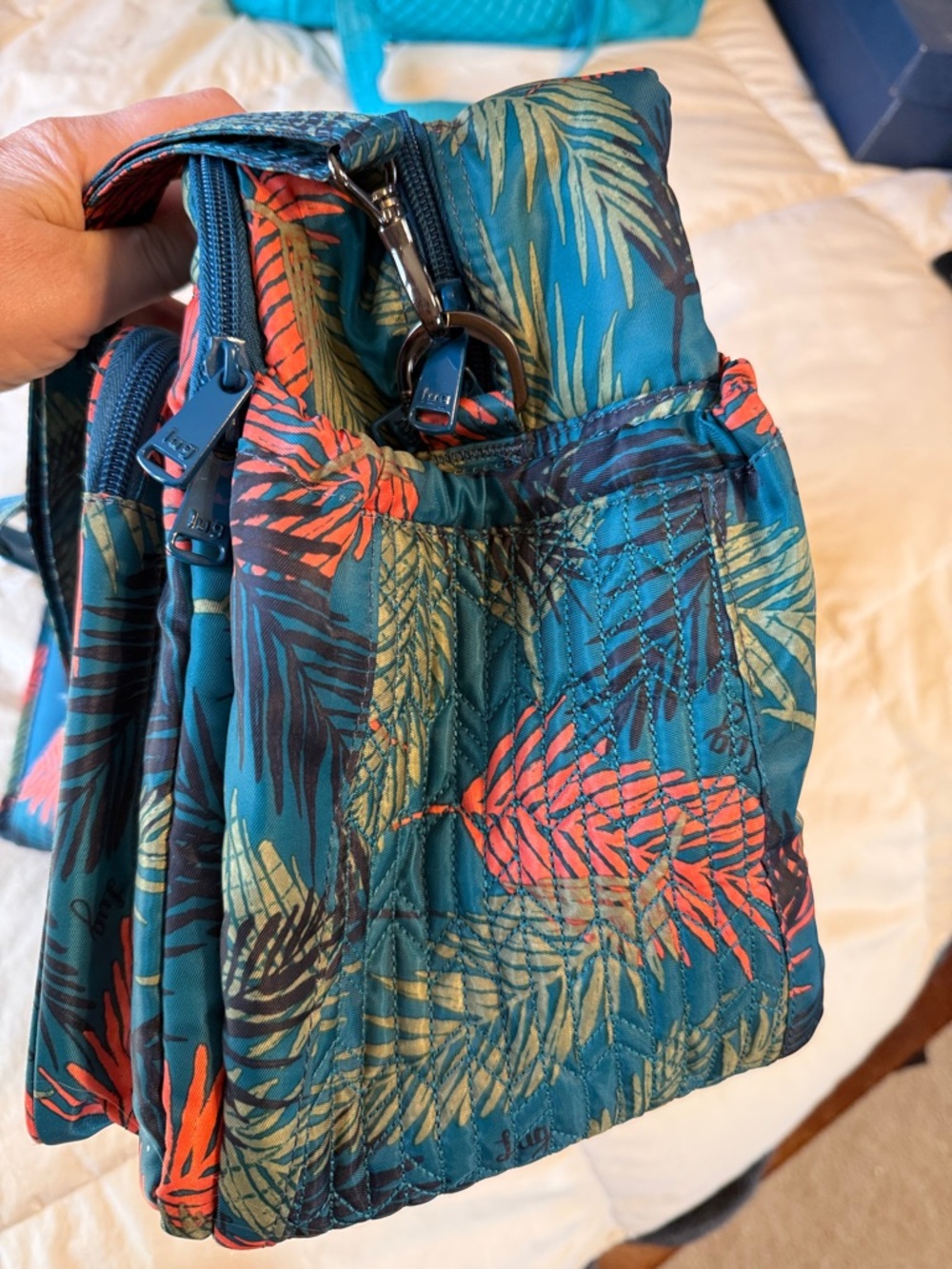 LUG Teal Tropical Leaf Travel Bag with Coral & Olive Accents - Picture 4 of 14